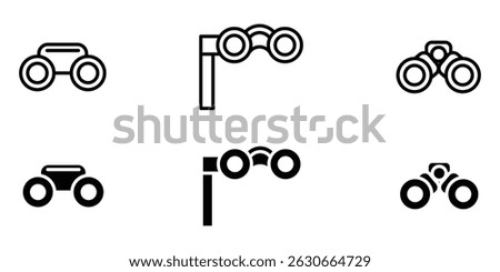 Modern binocular minimalistic outline and filled icon set for navigation vision tool spotting travel gear vector illustration pack.