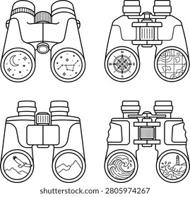 Modern Binoculars Set Line Art with Different Landscapes in Lenses - 4 Views
