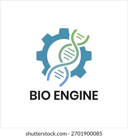 Diseño moderno del logotipo del bio motor con la hélice del ADN y el símbolo del engranaje que representan la biotecnología, la ciencia, la genética, la ingeniería, la innovación y el concepto de tecnología médica