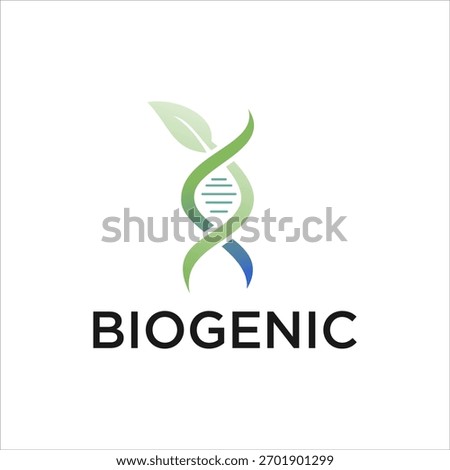 Modern biogenic logo design with DNA helix and leaf symbol representing biotechnology, genetics, nature, science, sustainability, and eco innovation concept
