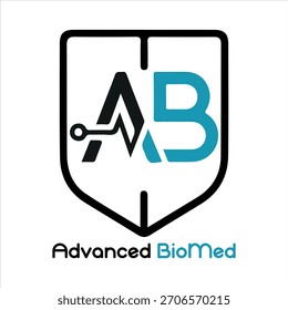 Ein modernes biomedizinisches Logo mit einem Schutzschild, einem technisch inspirierten "A" und einem kühnen "B", das Innovation, Zuverlässigkeit und fortschrittliche Medizintechnik symbolisiert.