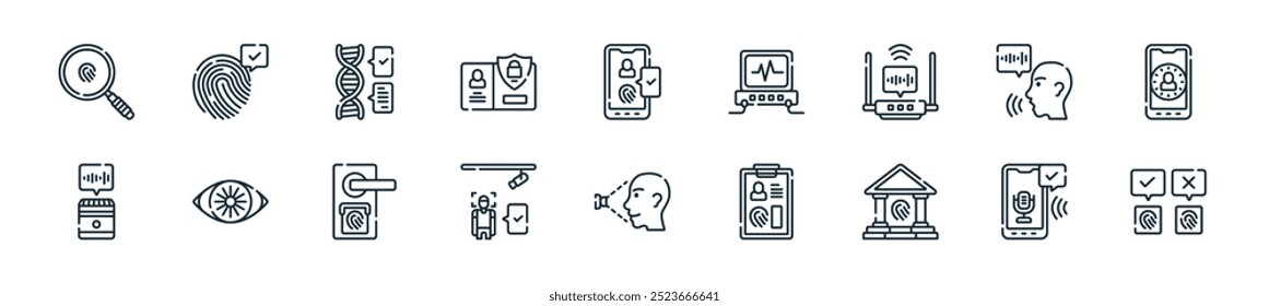 modern biometrics icon pack. perfect for linear ui designs featuring vector fingerprint, voice recognition, bank, person, face scanner, security camera, smart lock and more icons for mobile and web