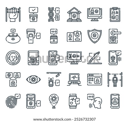 modern biometrics icon pack. perfect for linear ui designs featuring vector face unlock, voice recognition, smartwatch, iris scanner, payment authentication and more icons.