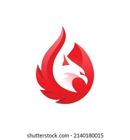 Modern bird head and fire or flame logo design, phoenix firebird vector icon