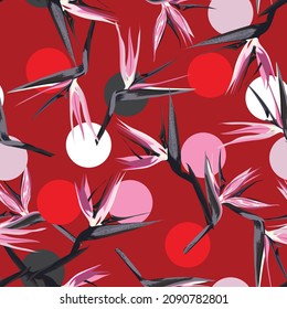 Modern bird of paradise tropical flower with geometric polka dots seamless pattern,Design for fashion , fabric, textile, wallpaper, cover, web , wrapping and all prints on red colour