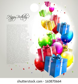 Modern birthday background with colorful balloons and gifts