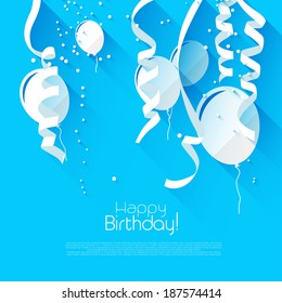 Modern birthday background with confetti and flying balloons - modern flat design style