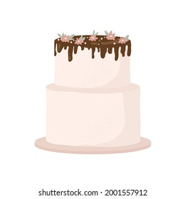 Modern birthday cake. Chocolate covered birthday cake in pastel colors. Flowers and leaves, botanical decoration. Flat cartoon vector illustration. Isolated on white background. 