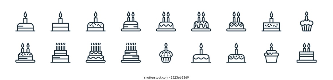 modern birthday cake icon pack. perfect for linear ui designs featuring vector birthday cake, cupcake, birthday cake, cupcake, and more icons for mobile and web apps.