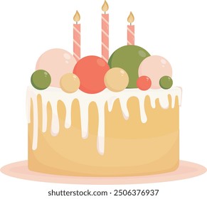 Modern birthday cake with three pink candles and colorful decorative spheres on the top. Vector illustration on white background. 