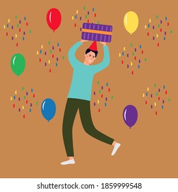 
Modern birthday gift for man dancing, great design for any purpose. Fashion and holiday concept. Flat vector. A young guy in stylish sportswear holds a box with a gift on a festive background.