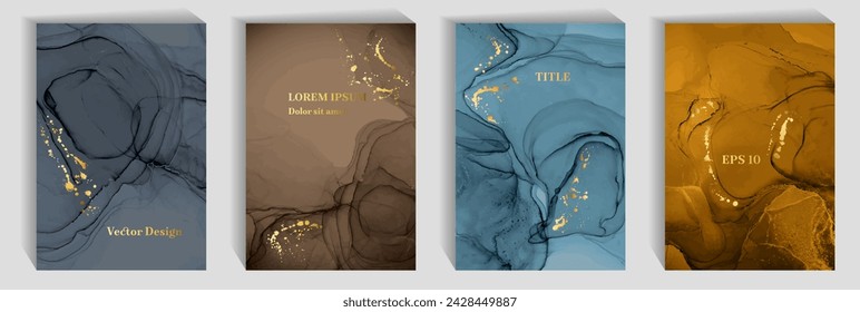 Modern birthday greeting card backgrounds vector collection. Fluid acrylic paint texture, foil spatter. Contemporary wedding invitation card backdrops, banners set. Sale banner layouts.