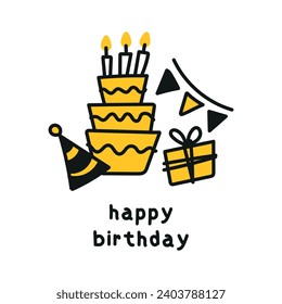 Modern birthday illustration featuring a cake, candles, gift, hat, and confetti.