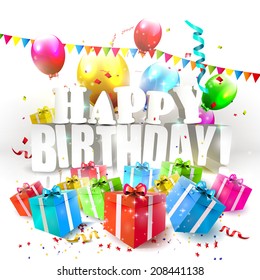 Modern Birthday poster with colorful gifts and "Happy Birthday" inscription