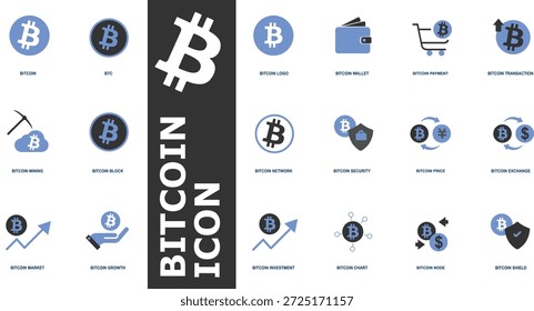 Bitcoin moderno e criptomoeda ícone definido para finanças digitais; com tecnologia blockchain, carteira criptográfica, mineração, crescimento do mercado e símbolos de pagamento seguro.