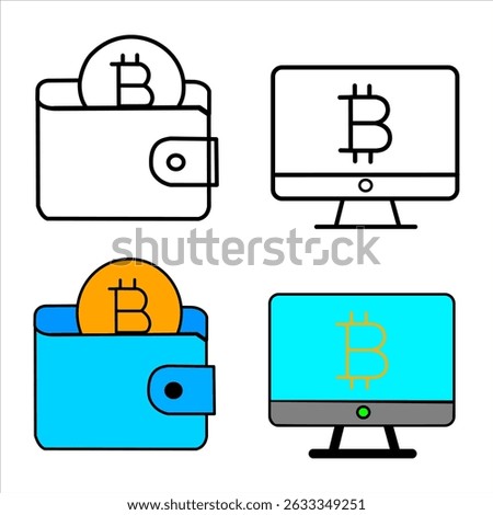 A modern Bitcoin icon set featuring digital wallets and online payment concepts. Includes line and colored versions of crypto wallets with coins and computer screens displaying the Bitcoin symbol.
