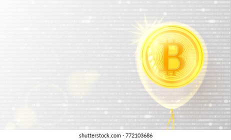 Modern Bitcoin and  Virtual Currency Concept. Background with Digital Cryptocurrency in Transparent Balloon. Vector Illustration with Binary Computer Code. Crypto Mining Technology.