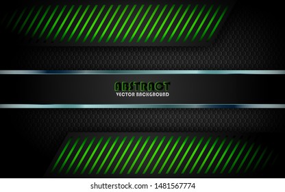 Modern black abstract background vector on dark space with metallic frame layout tech design template. Overlap layers 3D effect with green light decoration.