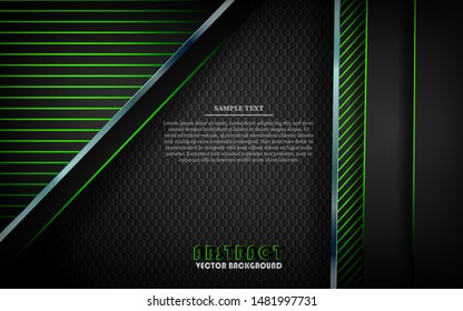 Modern black abstract background vector on dark space with metallic frame layout tech design template. Overlap layers 3D effect with green light decoration