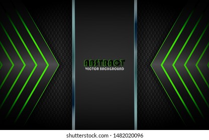 Modern black abstract background vector on dark space with metallic frame layout tech design template. Overlap layers 3D effect with green light decoration
