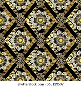 Modern black abstract geometric vector seamless pattern background wallpaper illustration with vintage gold and silver greek key,circles,squares,rhombus,flowers and ornaments with shadow and highlight