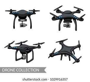 Modern black air drone, quadrocopter, remote control drone with camera isolated. Flat cartoon vector illustration. Hand drawn doodle. Outline