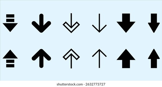 Modern black arrow icon collection with various styles and directions, perfect for graphic design, web interfaces, infographics, and digital projects. Trendy, minimal, and versatile.