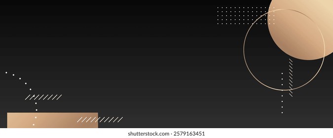 Modern black background with geometric shapes. Black background features gold circles and dots, creating a sleek, elegant texture. Circle pattern background vector. Black background.