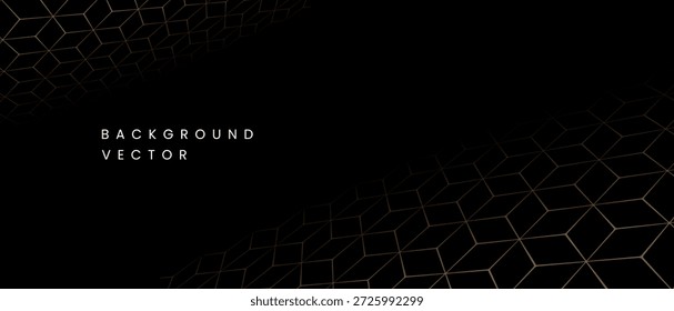 Plano de fundo preto moderno com perspectiva dourada grade de malha de wireframe hexagonal para dados digitais de tecnologia de luxo e conceitos corporativos futuristas