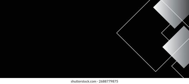 Modern black background with overlapping gradient boxes and grid lines creates a professional geometric design for presentations, technology.
