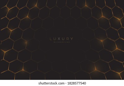 Modern black background textured with abstract gold hexagon pattern. Hi-tech futuristic techno concept virtual background