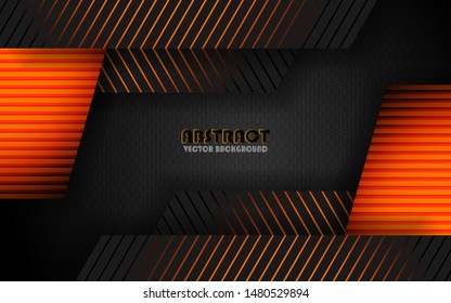 Modern black background vector on dark space with abstract style for design template. Overlap layers 3D effect with orange light decoration.