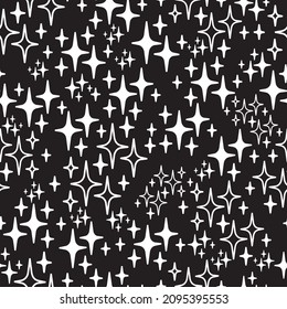 Modern black background with white stars. Vector seamless pattern texture for print, paper and fashion.