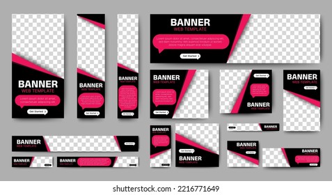 Modern Black banners design web template set. Business ad banners layout. vector background for web ads, social media post, flyer, card.
