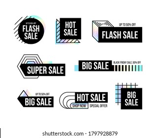 Modern black banners set with dispersion effect shapes. Trendy banner with rainbow shapes for black friday, season special offer, sale and discount. Memphis and hipster style. Vector illustration