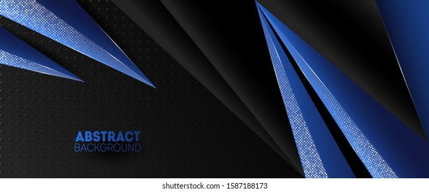 Modern black and blue abstract background with silver shining triangles. Horisontal ads banner template
