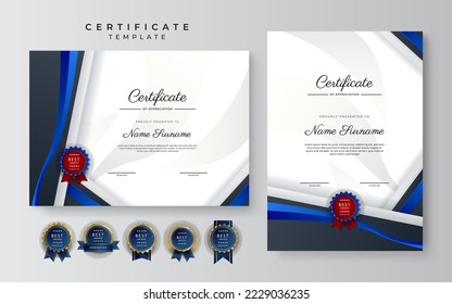 Modern black blue certificate. Diploma certificate border template set with badges for award, business, and education