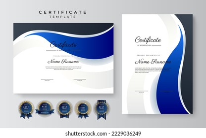 Modern black blue certificate. Diploma certificate border template set with badges for award, business, and education