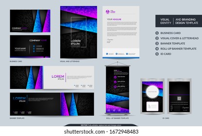 Modern black with blue and purple stationery mock up and visual brand identity set. Vector illustration mock up for branding, background, cover, card, product, event, banner, website. 