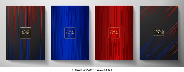 Modern Black, Blue, Red Stripe Cover Design Set. Luxury Creative Dynamic Line Pattern. Formal Premium Vector Background For Business Brochure, Poster, Notebook, Menu Template 