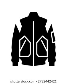 Modern Black Bomber Jacket Vector Illustration with Stylized White Outline Pockets and Seams for Fashion and Apparel Designs