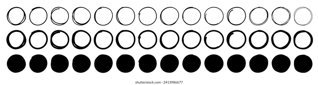 Modern black brush circles. Grunge circles. Filled and Outlined Brush circles. Vector illustration. Isolated on White background