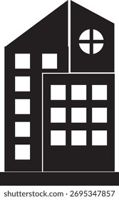 Modernes schwarzes Gebäude Symbol. Flaches Vektordesign, das Immobilien, Architektur und städtische Infrastruktur darstellt. Ideal für Geschäfts-, Immobilien- und Baugrafiken.