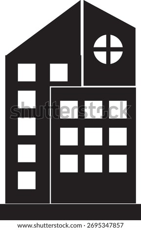 Modern black building icon. Flat vector design representing real estate, architecture, and city infrastructure. Ideal for business, property, and construction graphics.