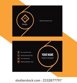 Modern black business card with bold orange accents, featuring minimal icons and geometric elements for a sleek graphic designer layout.