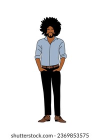 Modern black business man standing. Stylish african american guy in smart casual outfit. Vector simple outline stylized colorful illustration Isolated on white background. svg