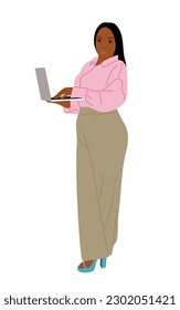 Modern black business woman with laptop. Pretty african american girl wearing fashionable office outfit working on computer. Female cartoon character vector Isolated on white background