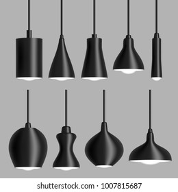 Modern black ceiling lamp ceiling luminaire set. Vector realistic isolated illustration of pendant ceiling lights.