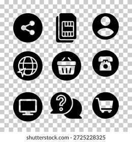 Un moderno conjunto de iconos circulares negros con Web, perfil de usuario, Carrito de compras, comunicación, red global y símbolos de interfaz digital, ideal para App, Sitios web y diseño de interfaz de usuario sobre fondo transparente. 