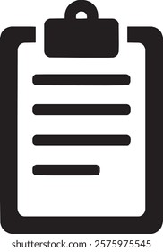 A modern black clipboard icon on a clean white background. It features a rectangular board with a bold clip at the top and subtle paper detailing, creating a minimalist yet professional look.